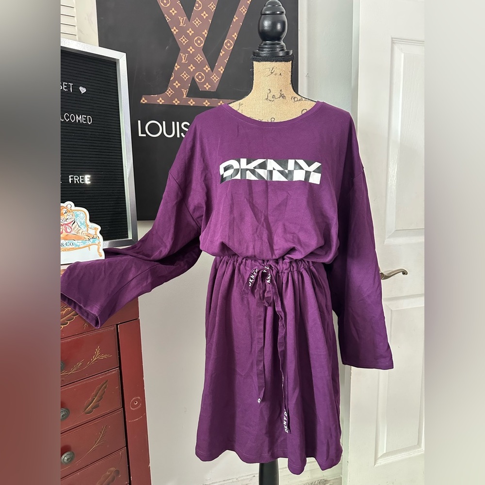 NWT DKNY Purple Drawstring Waist Long Sleeve Dress